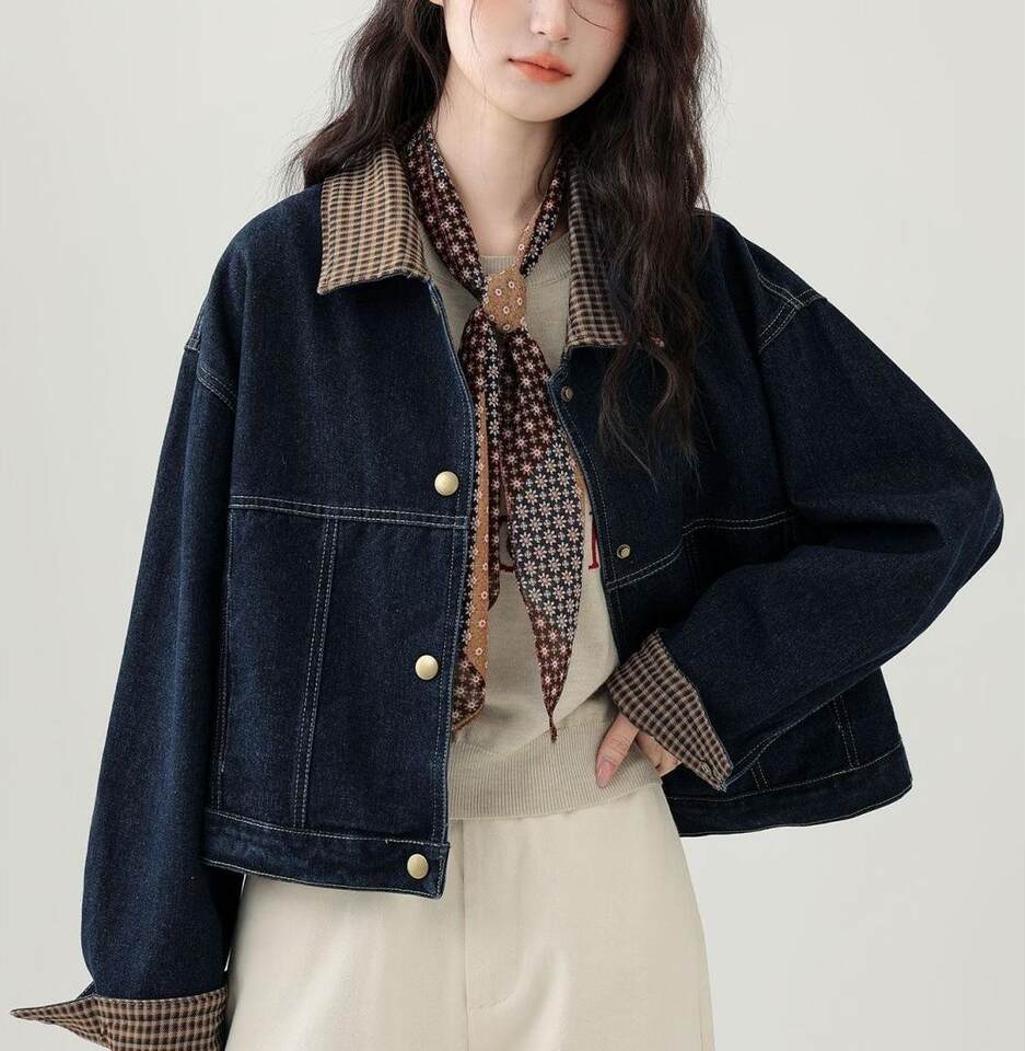 Áo khoác denim nữ ngắn phối caro cổ ve áo tay dài — màu xanh (chất lượng cao) chi tiết 9