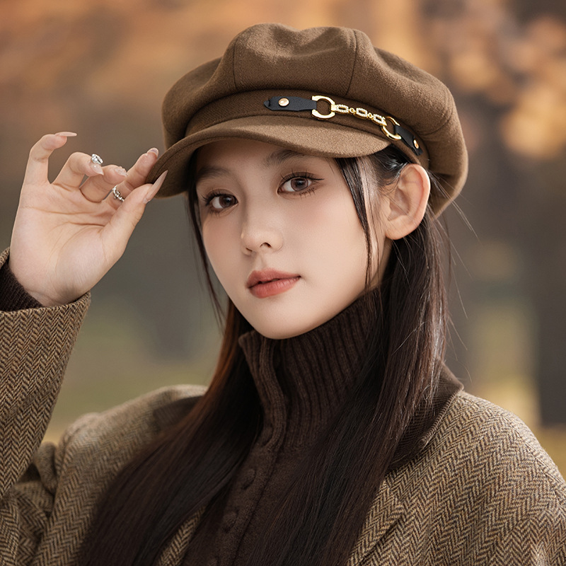 新款显脸小平顶鸭舌帽英伦风秋冬女士鸭舌帽八角帽女贝雷报童帽子|undefined