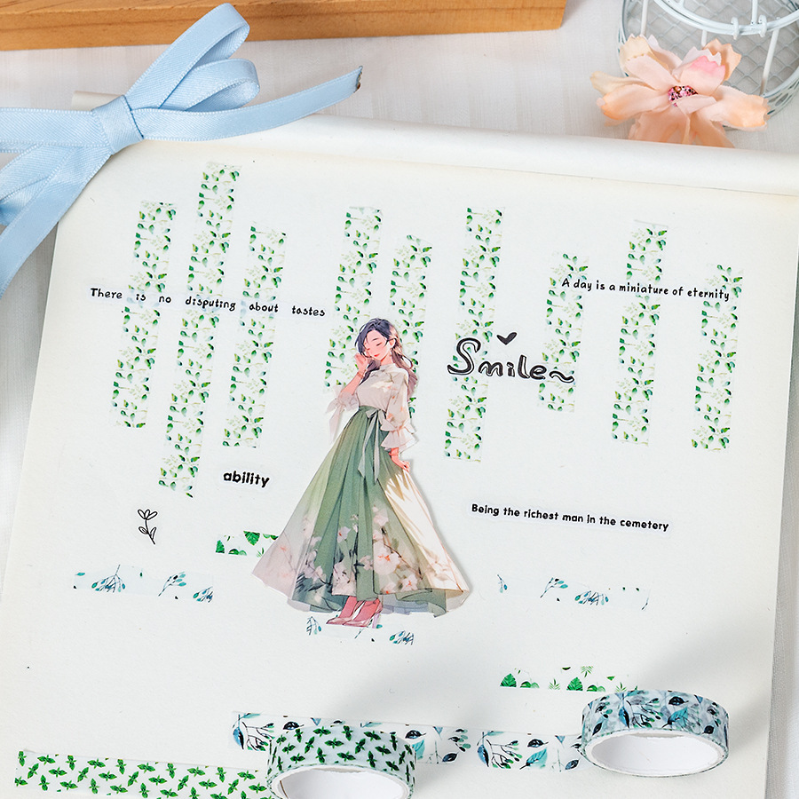 Chunxin Flower Language en caja y cinta de papel 5 enrollado en 1cm de ancho, línea divisoria de hojas, cuenta manual, cinta de flores pastoral