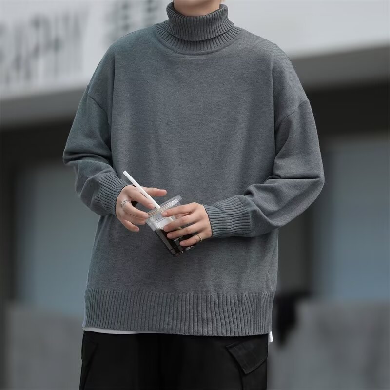 2024 면 인테리어 가을과 겨울 매우 간단한 바람 느슨한 둥근 목 단색 세미 하이 칼라 스웨터 남성 패션 | 기모