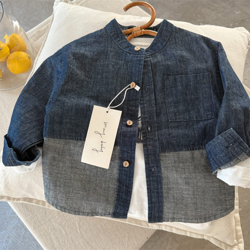 Children's Jacket 2026 Autumn New Arrival: Boys' and Girls' Vintage Denim Jacket, Baby Round Neck Contrast Color Shirt