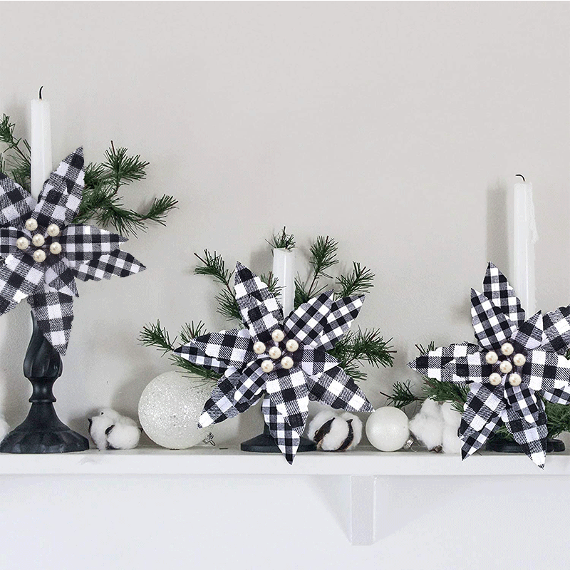 歐美圣誕節(jié)裝飾花禮品黑白格子布假花可開合紅黑格子手工布藝花