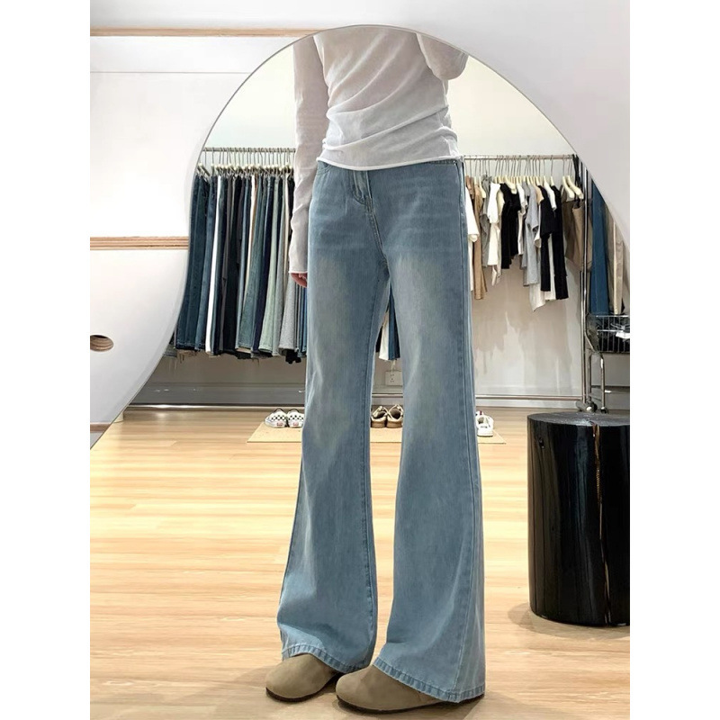 Light Blue Tencel Bootcut Jeans for Women Summer Thin Large Size Fat mm High Waist Slimming Look Ice Silk Flared Horseshoe Pants