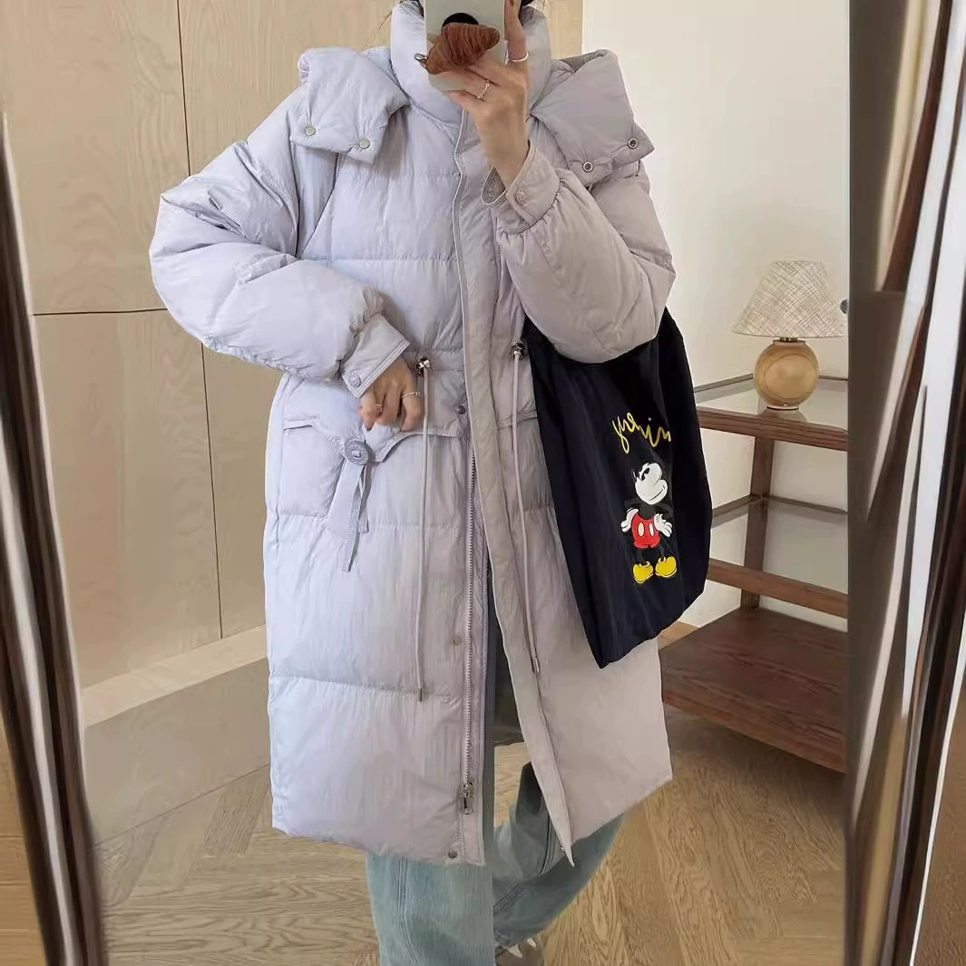 2024 зимний новый пуховик женский средний и длинный толстый колено с капюшоном утолщение тонкая талия белая утка пуховая куртка
