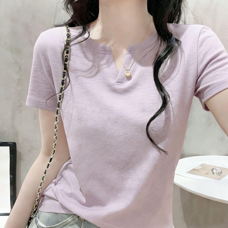 190 Water-Soft Cotton 95% Cotton 5% Ammonia】Simple Textured V-Neck Regular Shoulder Purple Short-Sleeve T-Shirt for Women, Versatile Summer Top 190 Water-Soft Cotton 95% Cotton 5% Ammonia】Simple Textured V-Neck Regular Shoulder Purple Short-Sleeve T-Shirt for Women, Versatile Summer Top
