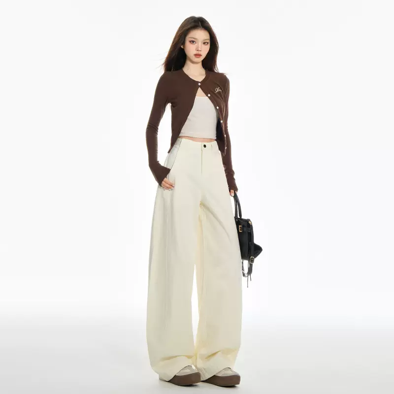 杏色宽松弯刀牛仔裤男女美式复古水洗阔腿休闲长裤