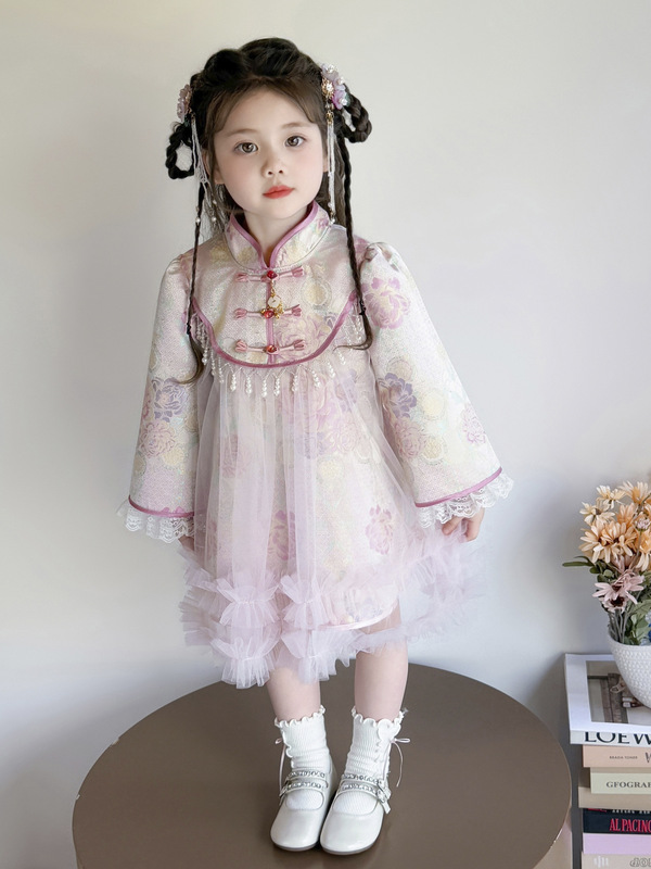 女童秋季新款复古中国风连衣裙中小儿童装新中式唐装裙子表演服|undefined