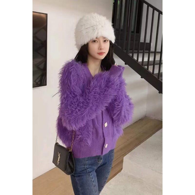 コートの厚いニットのウールの短い上着の女性のミンクの毛の気質のネットの赤いカーディガンのセーターの柔らかい外はモチのvネックを掛けます。|undefined