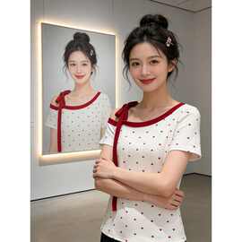 【40支酷丝绵1×1】美式爱心满印花斜露肩t恤女修身绑带甜辣妹上