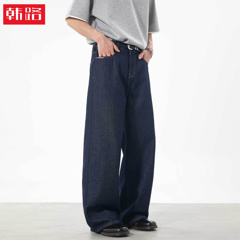 Vintage Black Raw Denim Jeans for Men, Spring Style, Color-Blocked Straight-Leg Pants, Textured Loose Fit, Trendy American-Style Long Pants Vintage Black Raw Denim Jeans for Men, Spring Style, Color-Blocked Straight-Leg Pants, Textured Loose Fit, Trendy American-Style Long Pants