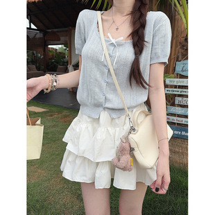 Real Shot of 6 Wool Short-Sleeved T-Shirts, Knitwears, Summer 2025 Cardigans, Trendy Lace Short Round Neck Tops for Women