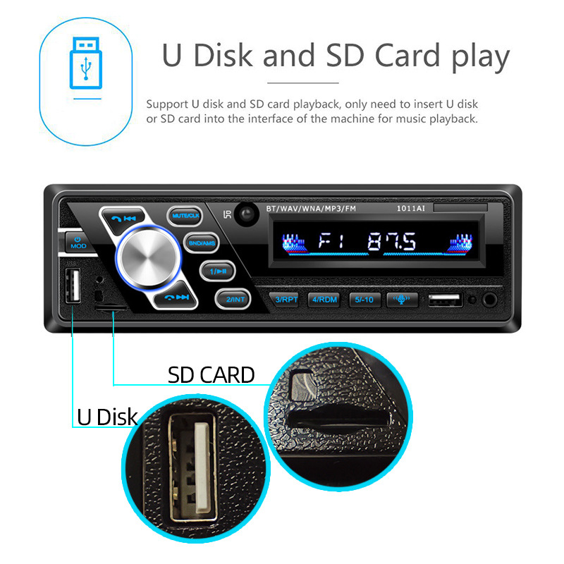 24V Truck Single Spindle Car Bluetooth Hands-Free Mp3 Player USB Card Fm Radio 1011Ai