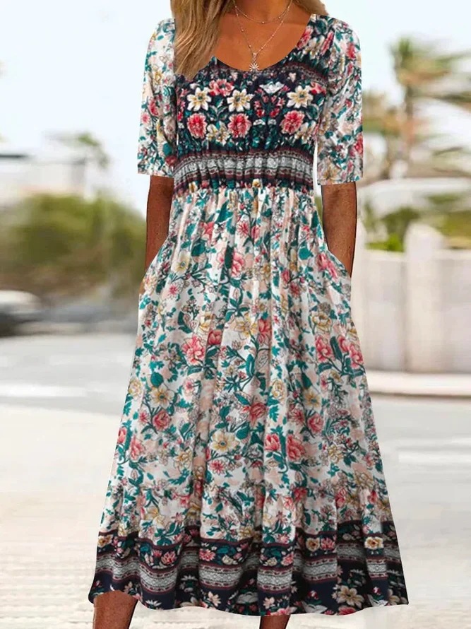 Summer Women's Fashion Crew Neck Short Sleeve Long Skirt Bohemian Dress Women_ecoleips.com