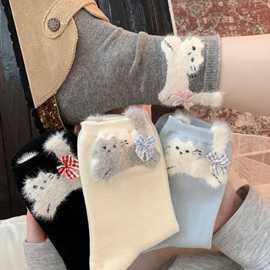 春秋女款毛绒立体蝴蝶结可爱动物图案日系ins潮中筒棉袜诸暨袜业