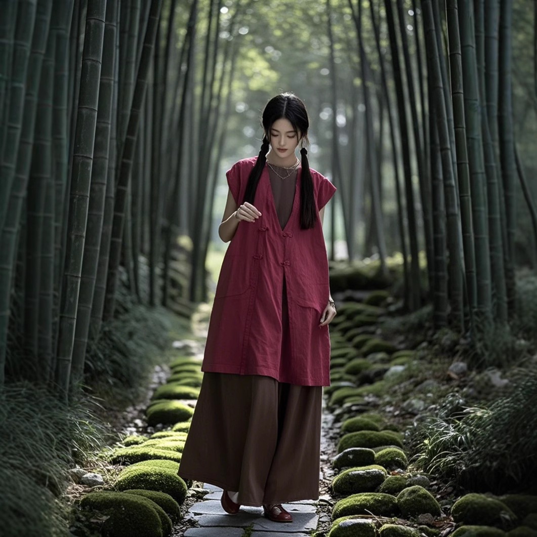 2025 Summer New Style Literary Retro Simple Design Buckle Cotton and Linen Vest Jacket Women's Loose Slim Vest