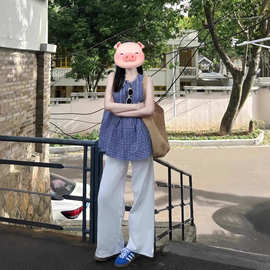 法式小个子蓝色格子无袖背心上衣女小众设计感宽松显瘦娃娃衫夏季