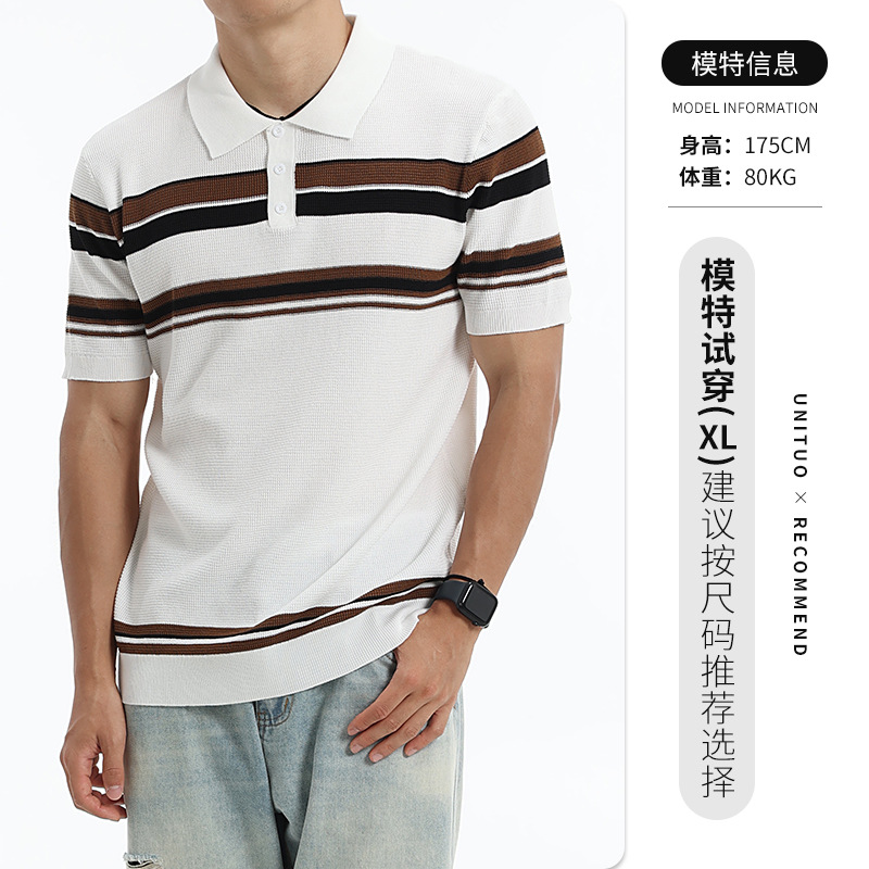 Hombres Waffle Stripe Polo Casual de negocios de alto nivel con collar de manga corta camisa de punto Paul