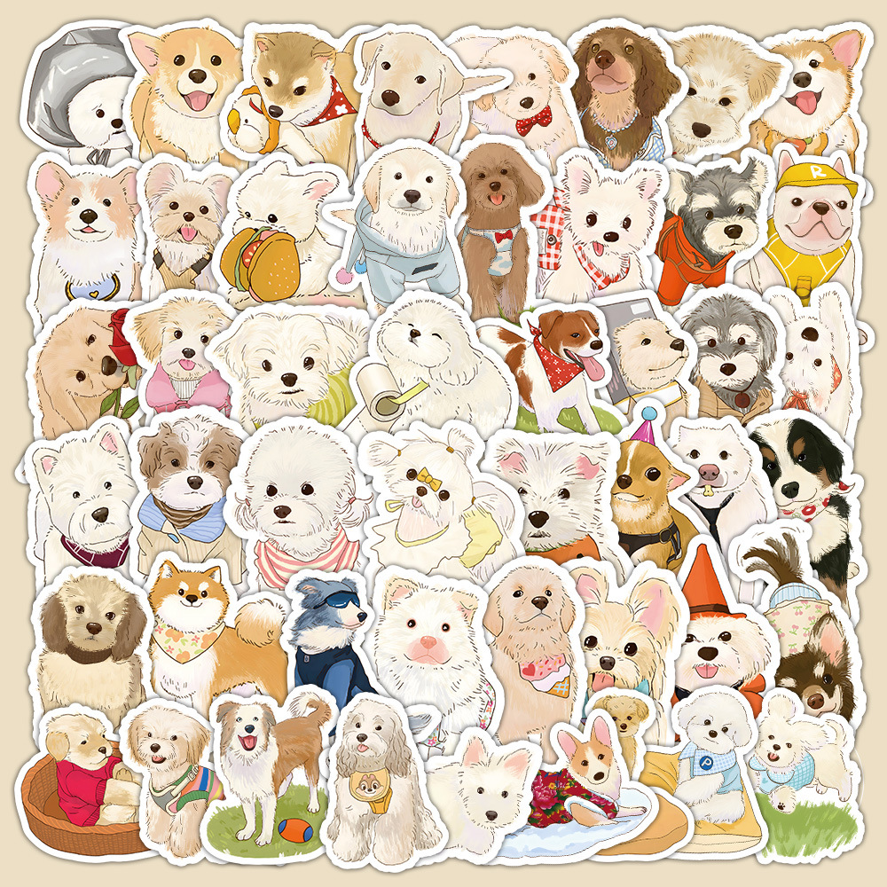 60张毛流小狗贴纸 萌宠狗狗汪星人笔记本水杯桌面装饰防水小贴画