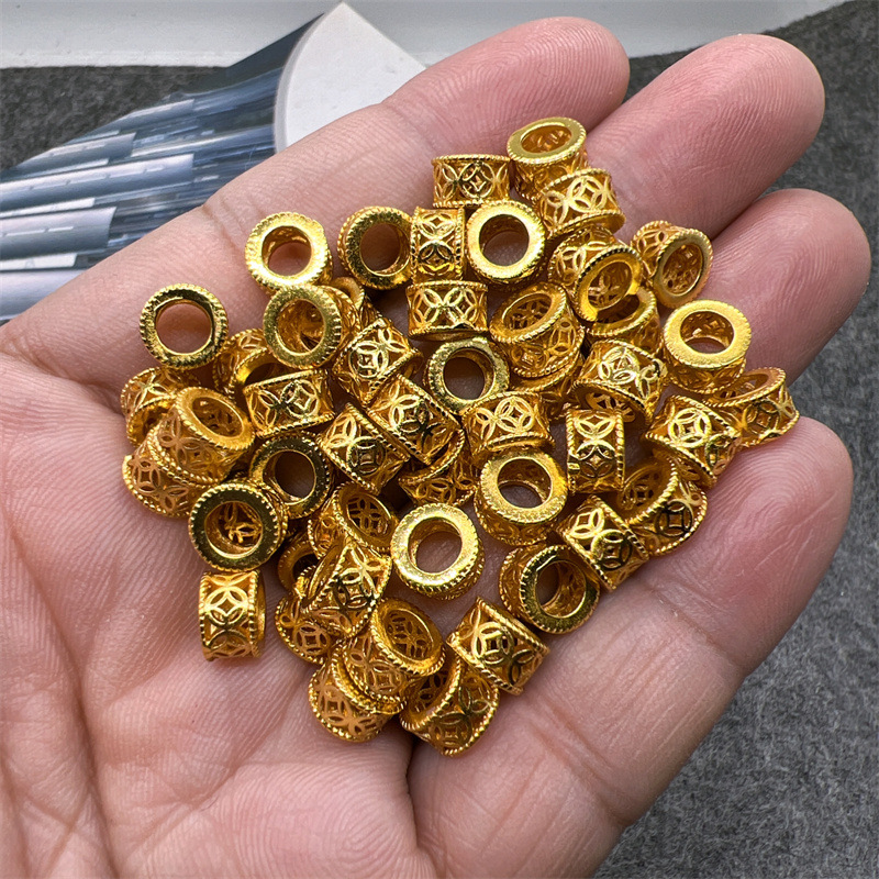 镀古法喷沙金保色镂空铜钱大孔隔珠钱币转运串珠编绳材料diy饰品