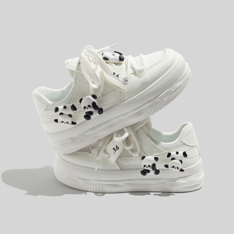 Panda Solid Color White Sneakers for Women 2026 Summer New Cute Round-Toe Versatile Thick-Soled Casual Sports Shoes