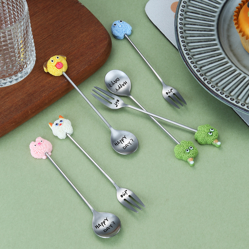 Creative Stainless Steel Fruit Fork, Cartoon Funny Dessert Spoon and Fork, Cake Fork, Cute Fruit Stirring Spoon and Fork