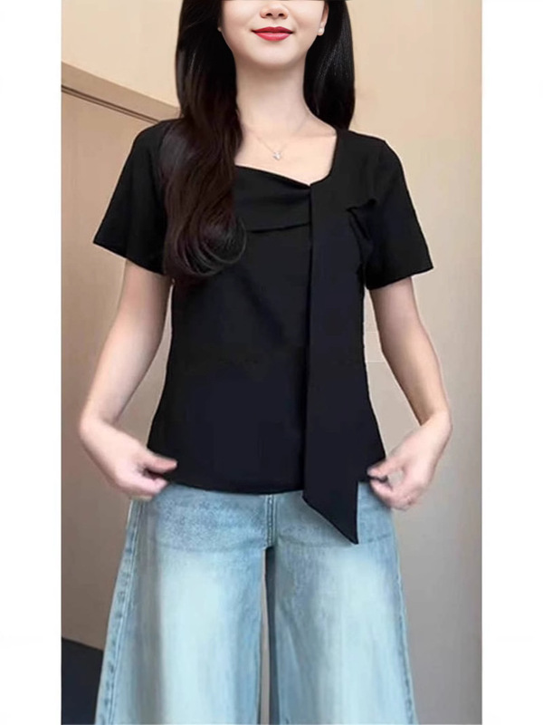 大きいサイズの純綿スクエアネック右肩半袖Tシャツ、夏の太った女性用、スリムでシックで美しい小さなシャツ、不規則なトップス|undefined