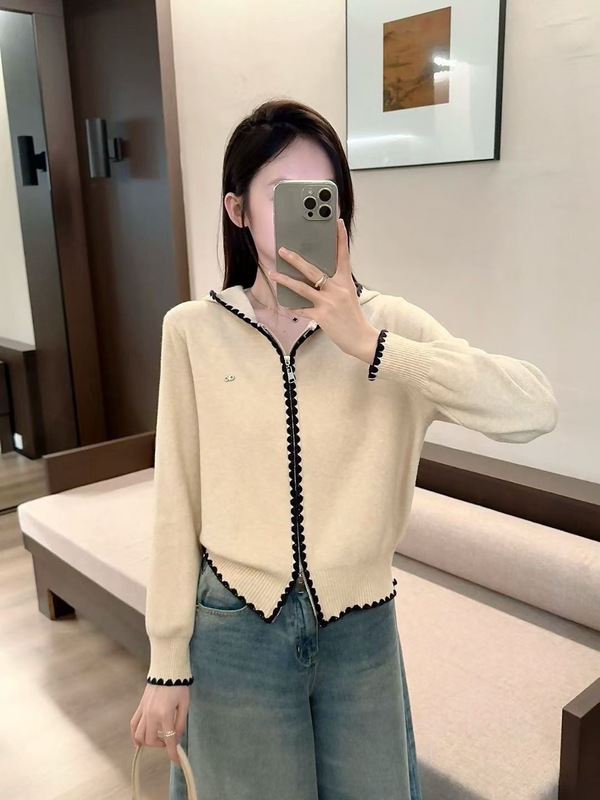 现货alo钩花针织连帽外套小香风时尚百搭撞色连帽双拉链针织开衫|undefined