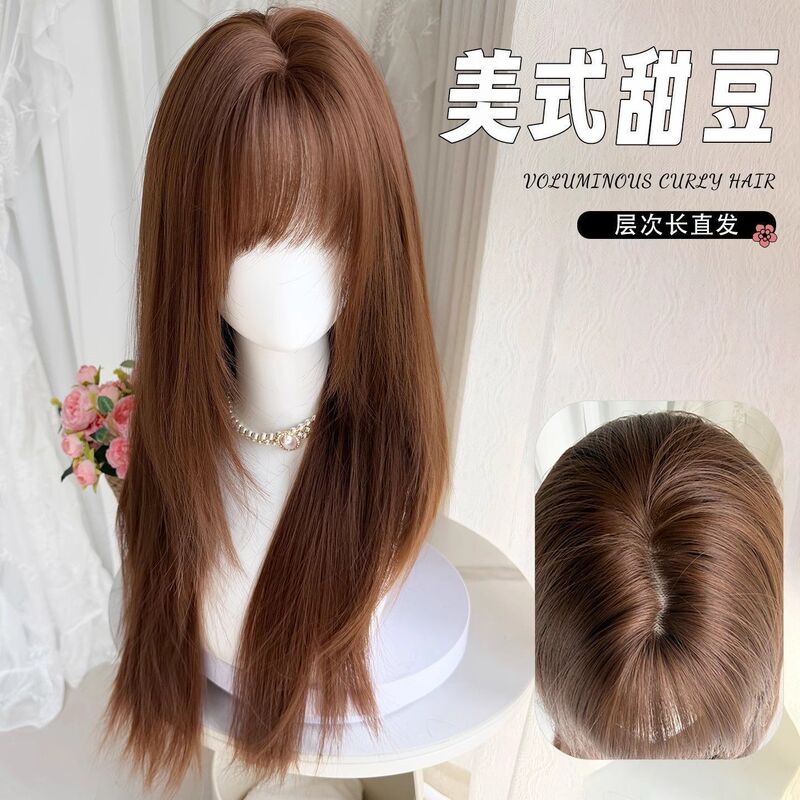 【American Sweet Pea】Long Straight Brown Wig That Makes You Look Younger and Highlights Your Complexion, Honey Tea Color Straight Hair, High-Density Natural Full Wig