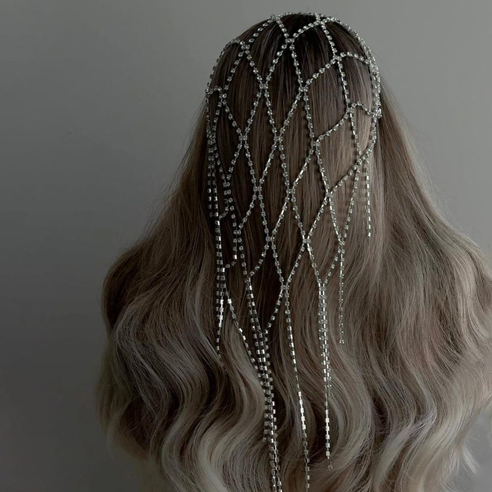 Diadema de flecos de malla de venta caliente en Europa y América Cadena de cabello de diamantes de imitación de sentido avanzado Temperamento Accesorios nupciales Cadena de pelo femenino