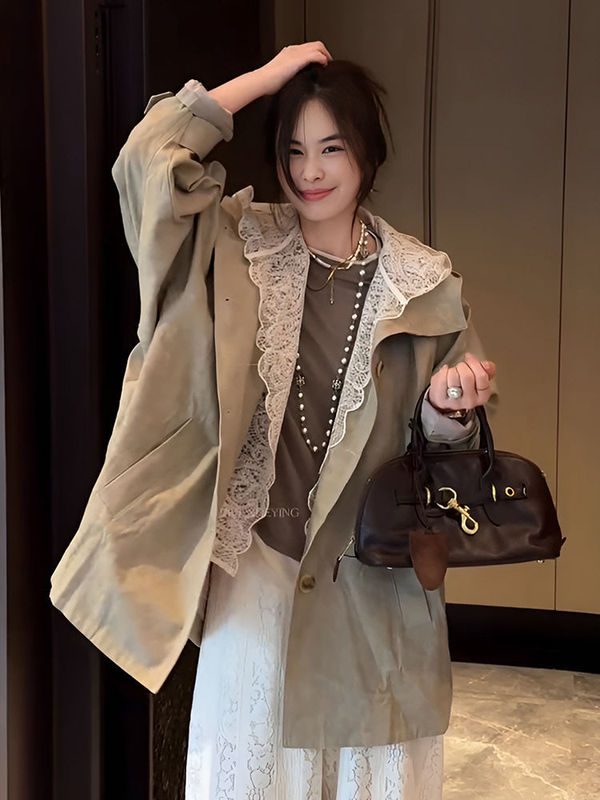 春秋款欧货拼接蕾丝韩版设计百搭宽松风衣大码显瘦遮肉中长款外套|undefined