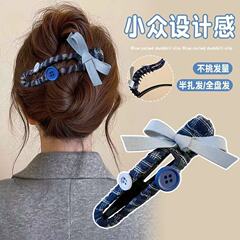 韓国風チェック柄リボンボタンヘアピン後頭部ヘアスタイル大サイズハイエンドカモノハシクリップ2025年新