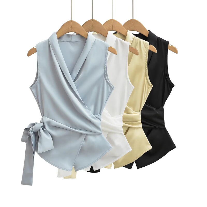 French Satin Strap V-neck Sleeveless Shirt Women's Summer Tight Waist Slim-fit Design Sense Shirt Elegant Blue Top