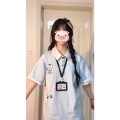 美式复古学院风假两件POLO领短袖t恤夏季设计感休闲宽松印花上衣