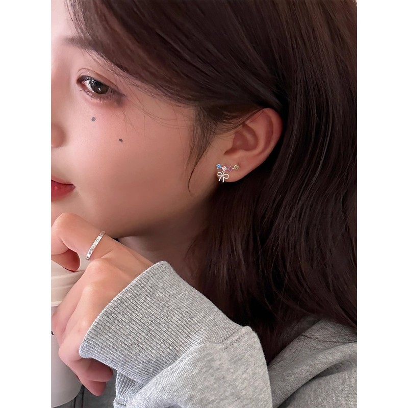 蝴蝶结彩色锆石耳钉女银针养耳洞绝美耳环2025新款爆款高级感耳饰|undefined