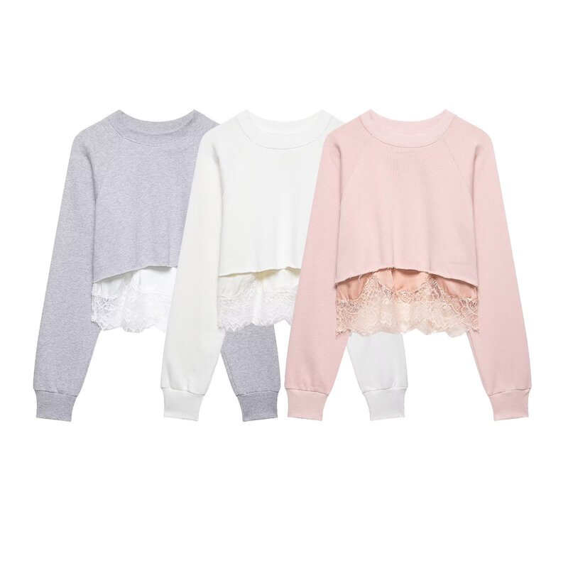 Pb&Za Cross-Border Supply Long-Sleeved Round-Neck Lace Splicing Silk Satin Texture Top Short Sweatshirt 0085311 Pb&Za Cross-Border Supply Long-Sleeved Round-Neck Lace Splicing Silk Satin Texture Top Short Sweatshirt 0085311