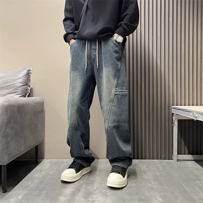 Men's Smoky Gray Washed Retro Straight Leg Jeans Style High Street Loose Fit Trendy Slimming Casual Slightly Flared Trousers_mkmklike.com