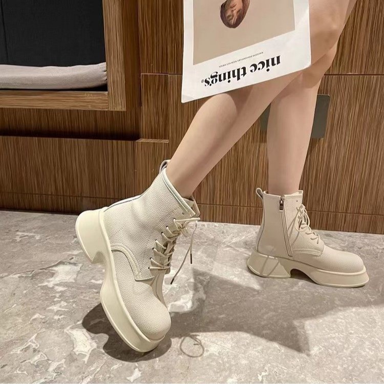 Soft leather thick-soled square-toe lace-up short boots NSYBJ138874