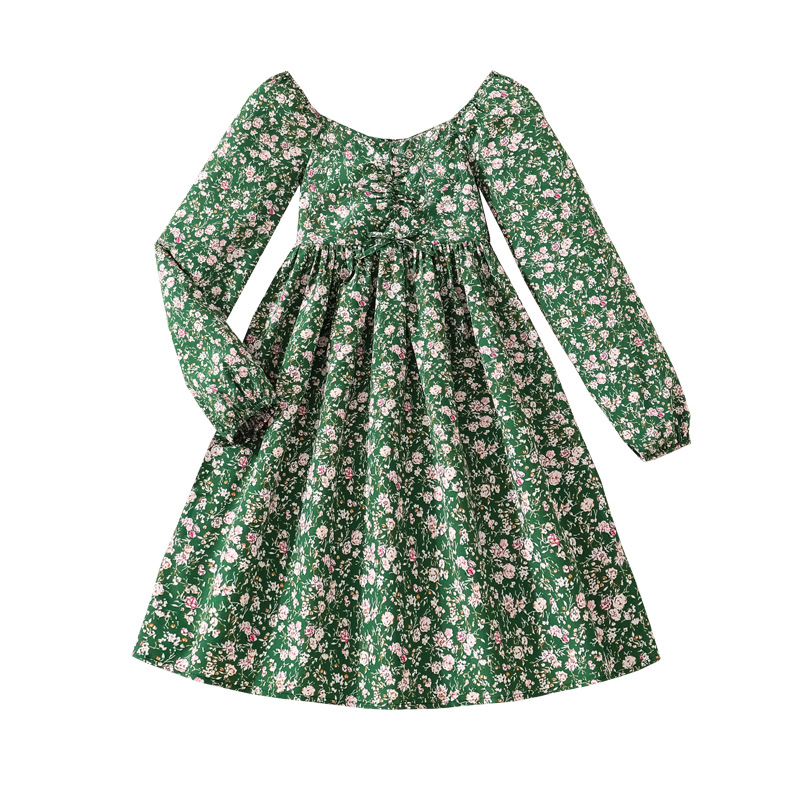 Ropa coreana de niñas 2025 otoño comercio exterior transfronterizo nuevo estilo de flores casuales cuello cuadrado vestido de mangas largas para niños