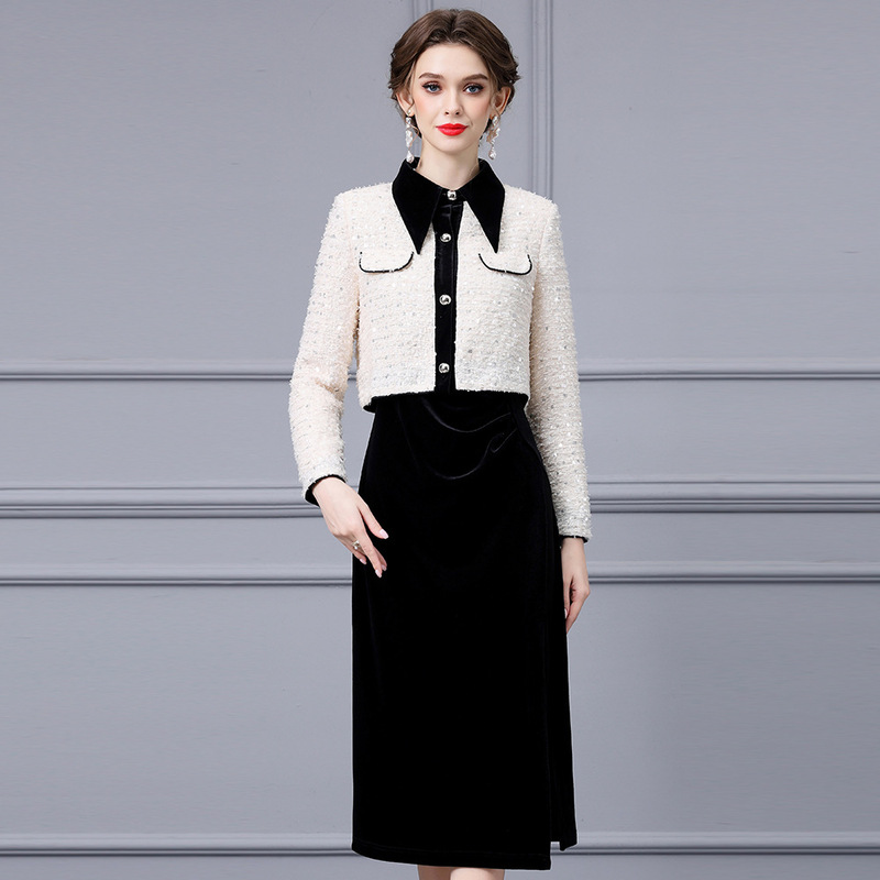 Zhili Noble Celebrity Temperature Sequin Splice Short Coat Top with Velvet Strap Dress Two Piece Set