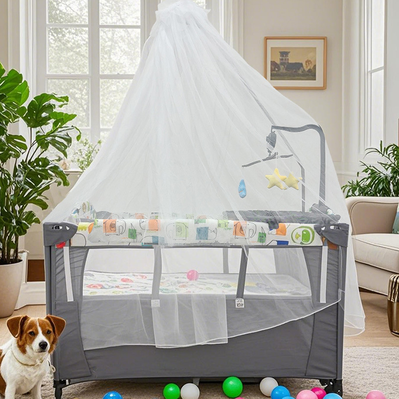 Cama de juego móvil portátil con colchón para bebés patio de recreo cama plegable soporte cama de empalme image 5