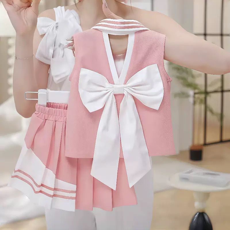 女の子スーツ夏の新作 2025 ラペルバックレスビッグリボンベストトッププリーツショートスカート 2 点セット|undefined