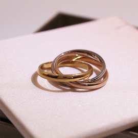 三环三色戒指钛钢18k玫瑰金欧美时尚潮流不锈钢情侣对戒指环