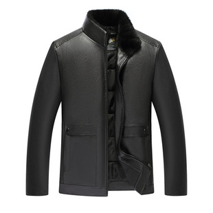 Haining Leather Jacket Men's Outwear Middle-Aged Winter Clothing Autum New Stand-Up Collar Lapel Thickeneded Leather Jacket down Cotton Outwear