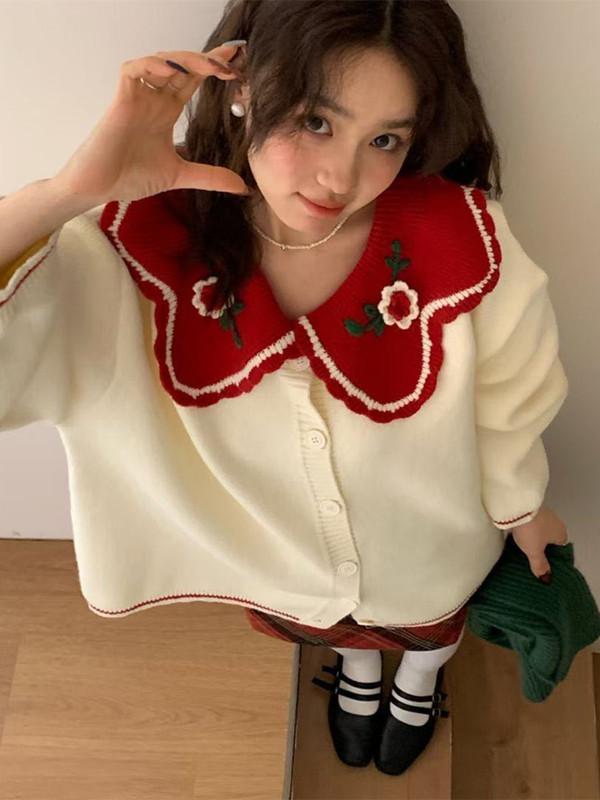 森系甜美立体花朵刺绣毛衣外套女秋冬娃娃领宽松百搭针织开衫1231|undefined