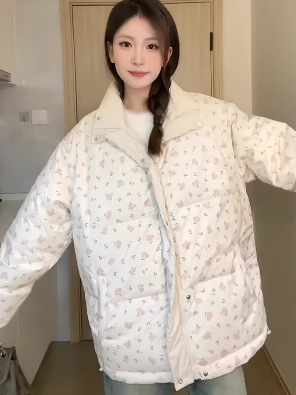 女性のための花柄ダウンコットンジャケット 2025 新しい冬デザインニッチ厚く緩い小さなパンコットンジャケット|undefined