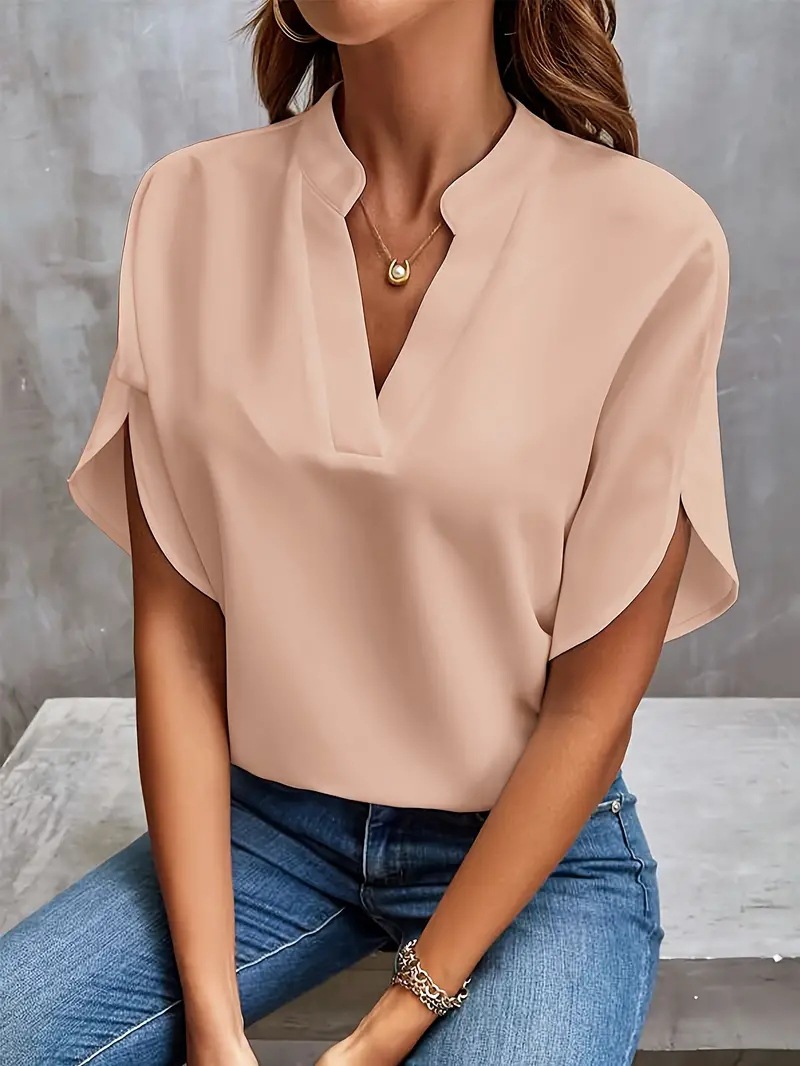 2024 Cross-Border European And American Foreign Trade Women's Summer Casual Short-Sleeve Solid Color V-Neck Loose_ecoleips.com