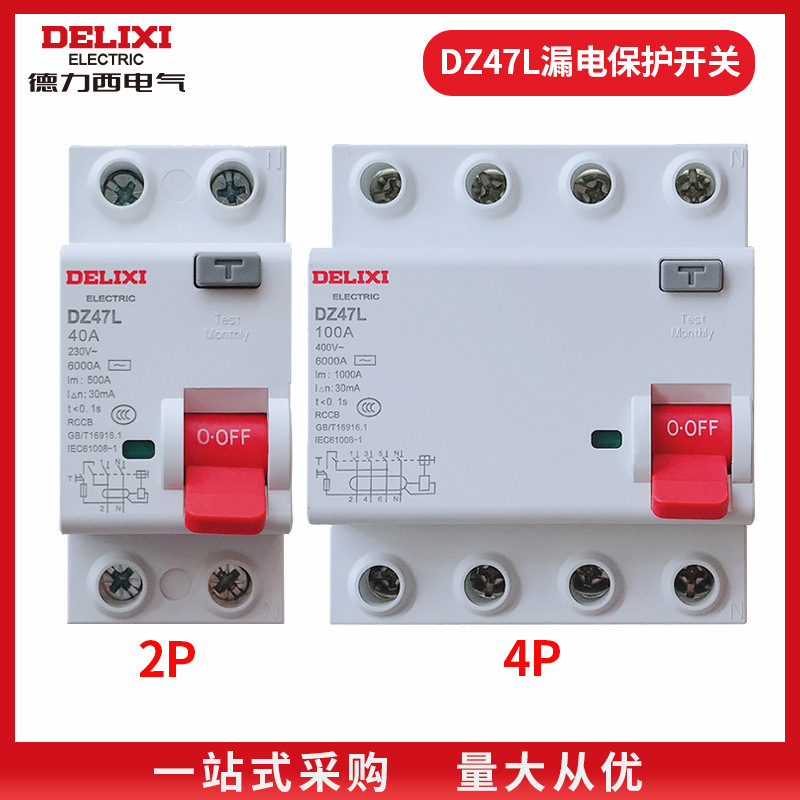 德力西电气漏电断路器DZ47L2P4P32-63A 220V380V隔离开关漏电保护