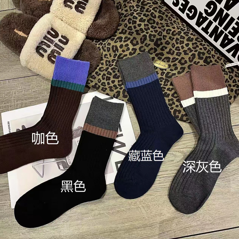 复古撞色无骨条纹中筒堆堆袜秋冬季韩版东大门时尚网红爆款女长袜|undefined