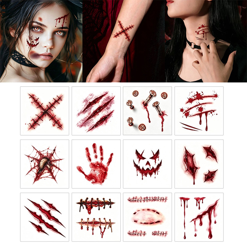 Halloween tattoo stickers for face, waterproof, horror face stickers, realistic wound bloodstains, scars, knife scars, pattern makeup stickers Halloween tattoo stickers for face, waterproof, horror face stickers, realistic wound bloodstains, scars, knife scars, pattern makeup stickers