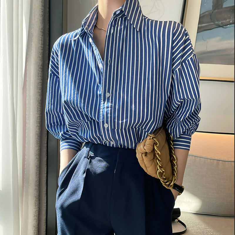 2025 Blue and White Stripesd Shirt Women's Spring Elegant Simple Slim Versatile Loose Top Long-Sleeved Shirt 2025 Blue and White Stripesd Shirt Women's Spring Elegant Simple Slim Versatile Loose Top Long-Sleeved Shirt